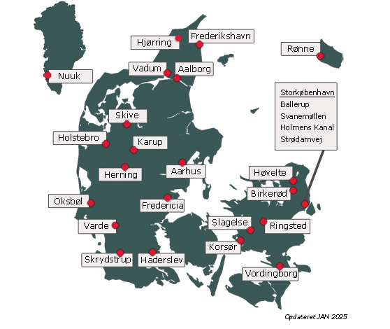 Danmarkskort, der viser hvor i landet, der sidder FPS-medarbejdere. Vi sidder bl.a. i Ballerup, Birkerød, Rønne, København, Ringsted, Slagelse, Korsør, Vordingborg, Aalborg, Holstebro, Hjørring, Karup, Fredericia, Århus, Herning, Haderslev og Nuuk.